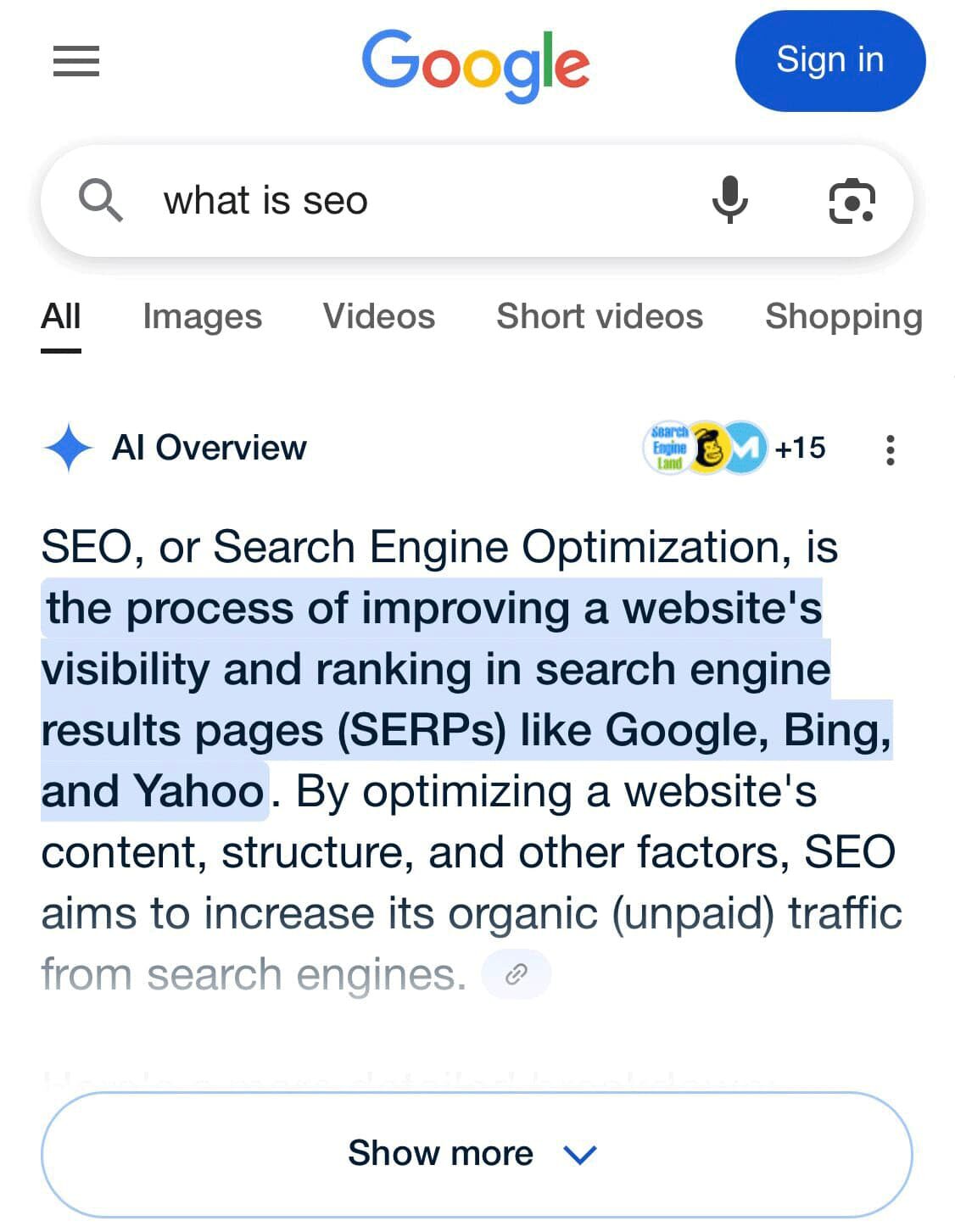 Google AI Overview showing featured content and zero-click results